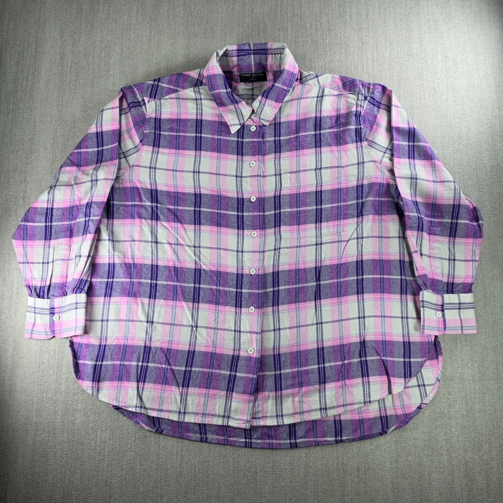 Lane Bryant Button Down Women 18/20 Purple Pink Plaid Cotton Viscose Long Sleeve
